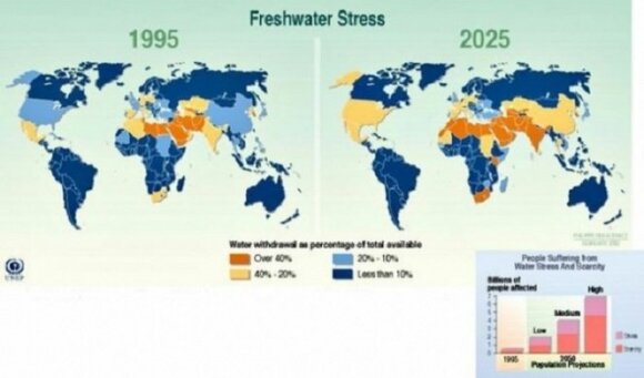Pasaulio „gėlo vandens streso“ žemėlapis 1995 ir 2025 metais. Spalvos vaizduoja turimų gėlo vandens išteklių eikvojimo mastą: nuo mėlynos (< 10% visų turimų išteklių) iki oranžinės (daugiau kaip 40% turimų išteklių). ©Philippe Rekacewicz, UNEP/GRID-Arenda