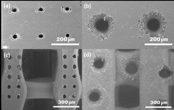 5 pav. Femtosekundine šviesos gija išgręžtos skylės PLA plėvelėje ir 3D spausdintame mikrodarinyje.