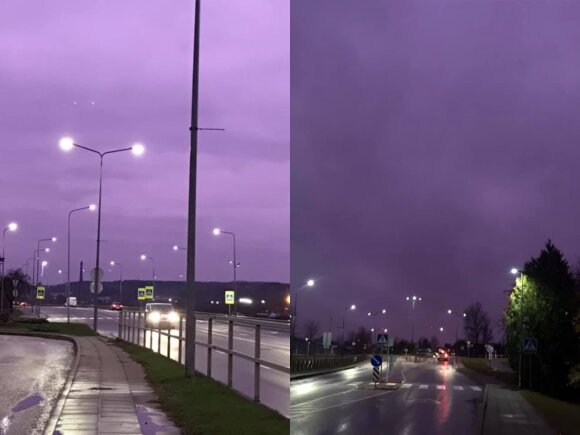 Violetinis dangus Lietuvoje.Kairėje – Svečių Namai Užupė, Kaunas, spalio 28 d. 18:13 val.dešinėje – Molėtai, spalio 28, 18:30 val. Orų entuziastai/D. Mackevičiūtė/Svečių Namai Užupė nuotr.