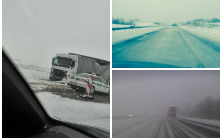 Žiemiški orai sunkina eismo sąlygas: kelyje stringa sunkvežimiai
