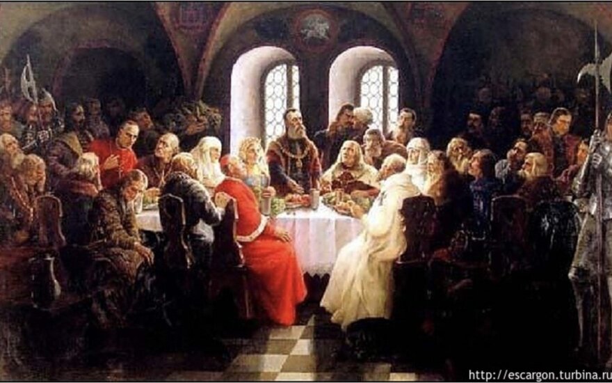 “Vytautas Didysis Lucko suvažiavime 1429 metais“ (drobė,al., 1934 m.). Dail. Jonas Mackevičius .Svarbiausiu Lucko suvažiavimo klausimu tapo Lietuvos karalystės atnaujinimas suteikiant Vytautui Didžiajam katalikiško karaliaus karūną.Paveikslo viduryje pava