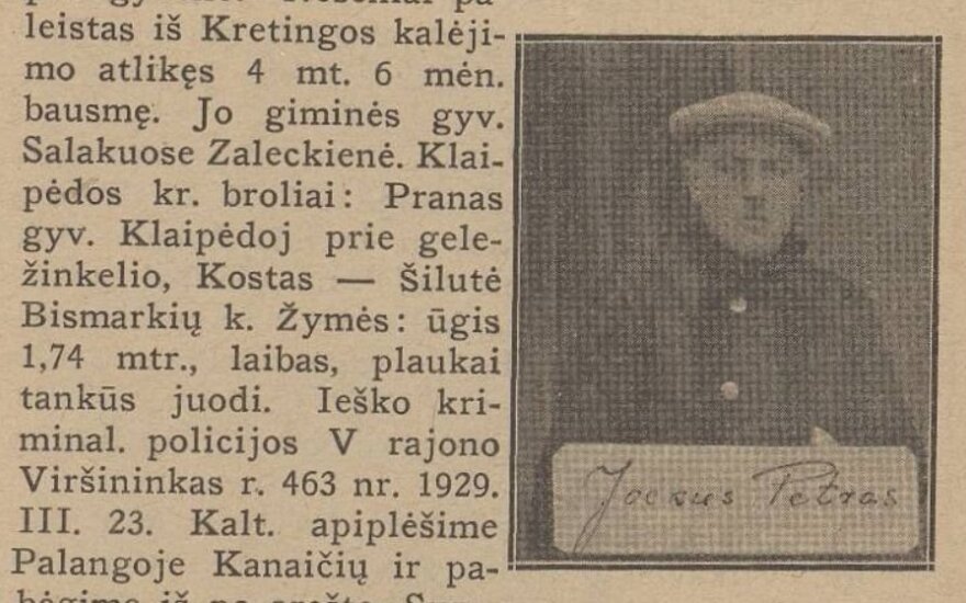 Ieškomas Petras Jockus. „Kriminalinės žinios policijai“, 1929 m., balandžio 30d. Nr. 6, p.1